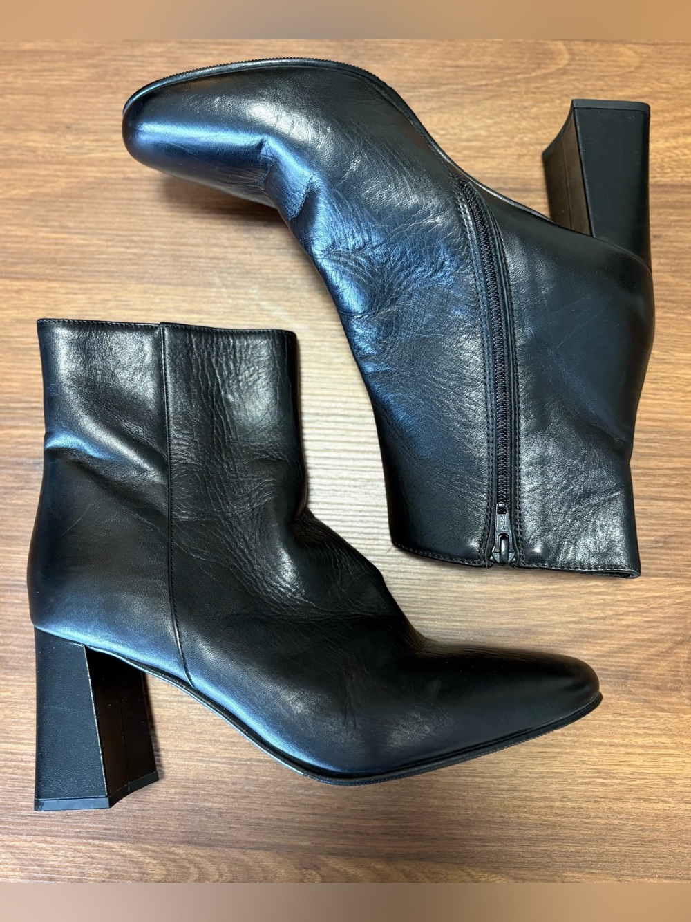 NAPOLEONI Black Leather Women's Ankle Boots with Block Heel